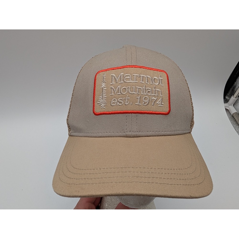 Marmot Mountain Est 1974 Trucker Hat Tan Beige Orange Snapback Mesh Cap